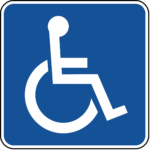 Accessibility icon. Blue square with figure in a wheelchair in the center in white